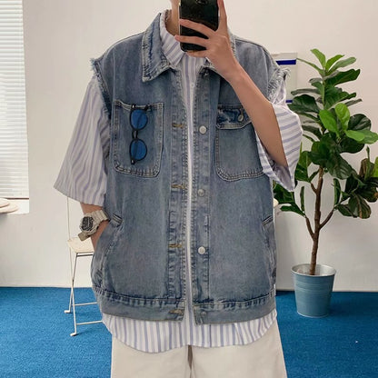 Bonsir Denim Sleeveless Jacket Men Fashion Oversized Harajuku Denim Jeans Casual Jeans Waistcoat Cowboy Hip Hop Streetwear Clothing