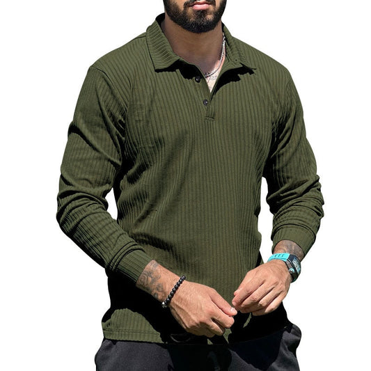 sanyamk Fall Casual Mens Polo Shirt Solid Color Ribbed Lapel Buttoned Long Sleeve Pullover Tops Men Clothes Leisure Daily Polo Tees