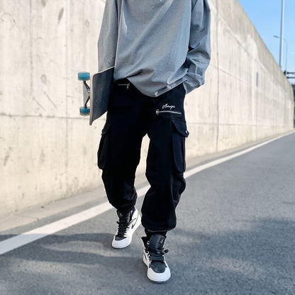 Bonsir High Street Men's Large Pocket Cargo Pants Fashion Design Elastic Waist Oversized Casual Pants Hip Hop Male Trousers