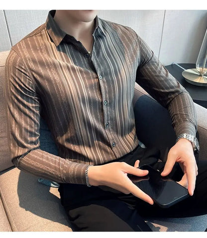 sanyamk Spring Autumn Striped Printing Bottoming Shirt Men Korean Fashion Long Sleeve Vintage Business Casual Blouse Male Cardigans Top