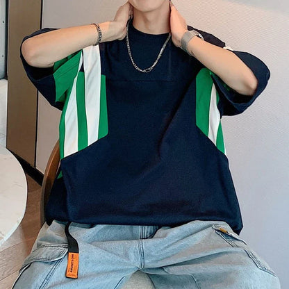 Bonsir Men Clothing Summer Trendy Streetwear Oversized Contrast Color Short Sleeve T-shirt Youth Korean Casual O Neck Hip Hop Y2K Tops