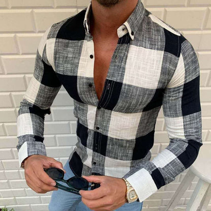 Bonsir Spring Fall Lapel Button Shirts Man Vintage Plaid Print Long Sleeve T-Shirt Top Fashion Men Clothing Business Shirts Streewtear