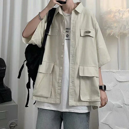 sanyamk Men Trendy Japanese Style Casual Streetwear Button Down Shirt 2024 Summer Youth Vintage Multi Pocket Workwear Short Sleeve Tops