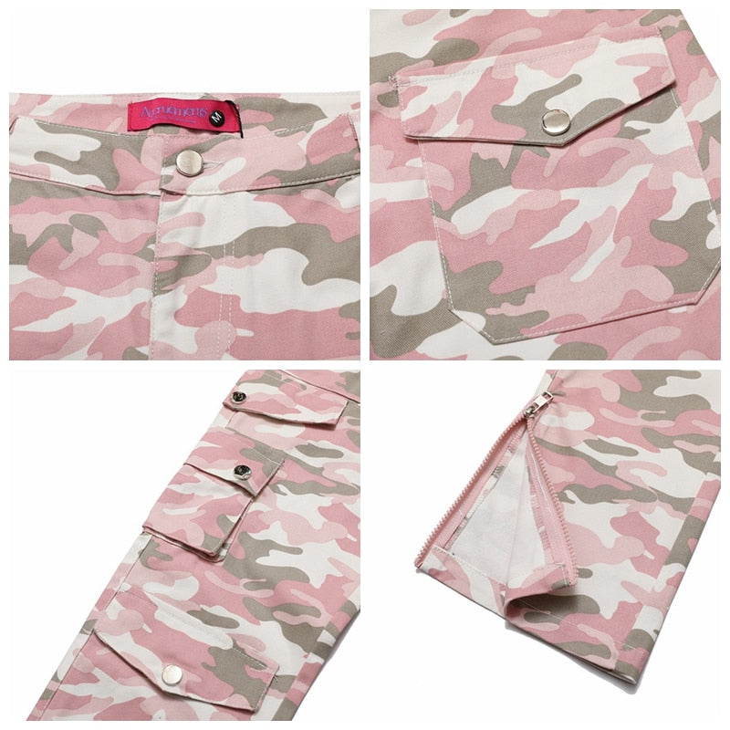 Bonsir Harajuku Camou Wide Cargo Pants Hiphop Zipper Multi-pocket Pink Camouflage Micro Flared Pants for Men Slim Women Clothing