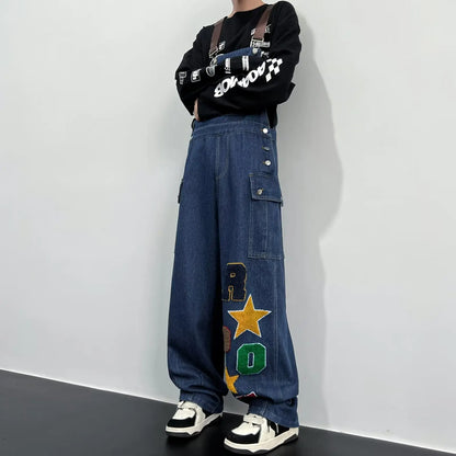 sanyamk Y2K Cargo Jeans Jumpsuit for Men Streetwear Hip Hop Punk Loose Denim Bodysuits Overalls Male Japanese Print Pocket Pants