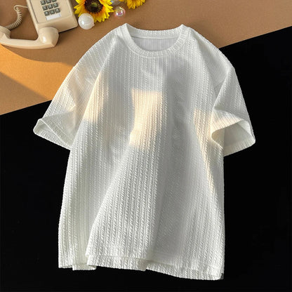 sanyamk  - Fashion Pleated Short Sleeve Mens T-shirts Casual Solid Color Simple Loose T Shirt For Men Clothes Summer Tops Men's Streetwear