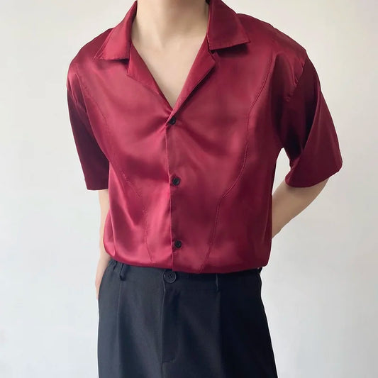 sanyamk Summer Men's Stylish Shirt Cuban collar Satin Silk Wine Red Dress Shirts Short Sleeve Tops Wedding Prom Party Holiday Blouse Man