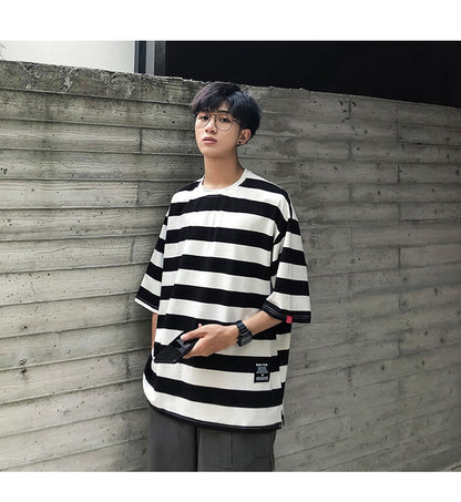 Bonsir New stripe Mens T Shirt Cotton  Summer  Male Oversized Tee Shirts 5XL Big Size Japanese Harajuku street Fashion Clothing