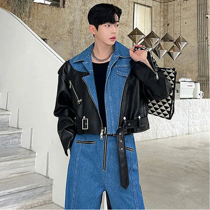 sanyamk New Fashion Men's Set Niche Design Two-piece Patchwork Suit Denim Leather Spliced Short Jacket Straigt Pants