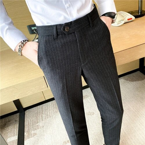 Bonsir Men's Spring Autumn New Fashion Business Casual stripe Suit Trousers Male Solid Color Straight Pants Men Loose Cotton Pants