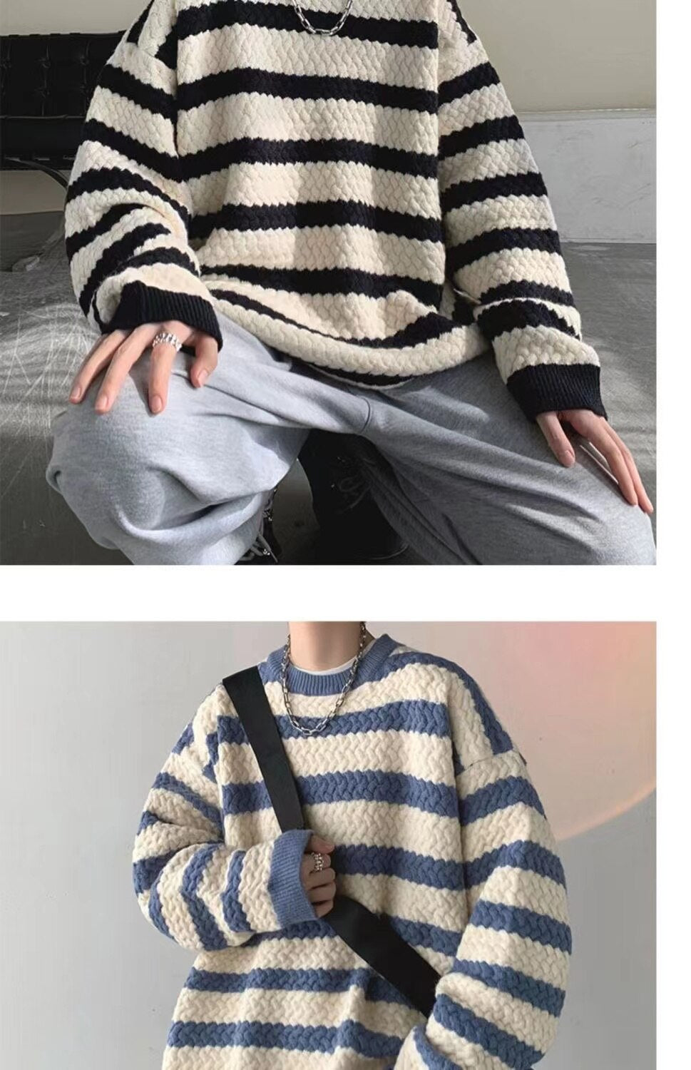 sanyamk Winter Men's Stripe Printing Coats Round Neck Wool Sweater Retro Loose Pullover Fashion Trend Thickened Knitting M-2XL