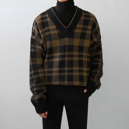 Bonsir Korean Fashion Vintage V-neck Plaid Sweater Male Autumn and Winter Casual Loose Men's V-neck Knitted Sweater for Men Pullover