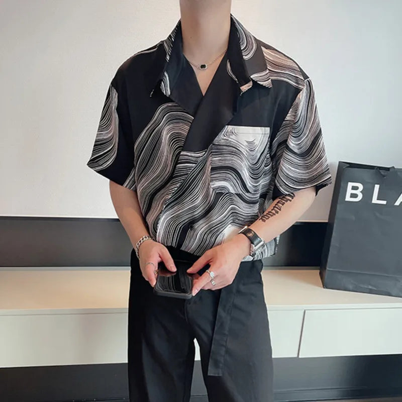 sanyamk Summer Men's Short Sleeve Shirt Fashion Print Social Dress Shirt Hip Hop Korean Loose Casual Ice Silk Mens Shirt Streetwear