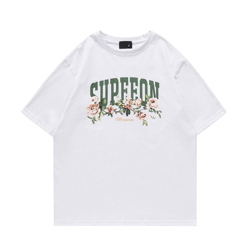 Bonsir Men's Flower Printed T-Shirts Letter Short Sleeve Loose Tshirts Streetwear Fashion Summer Oversize High-Quality Cotton Tops Tees