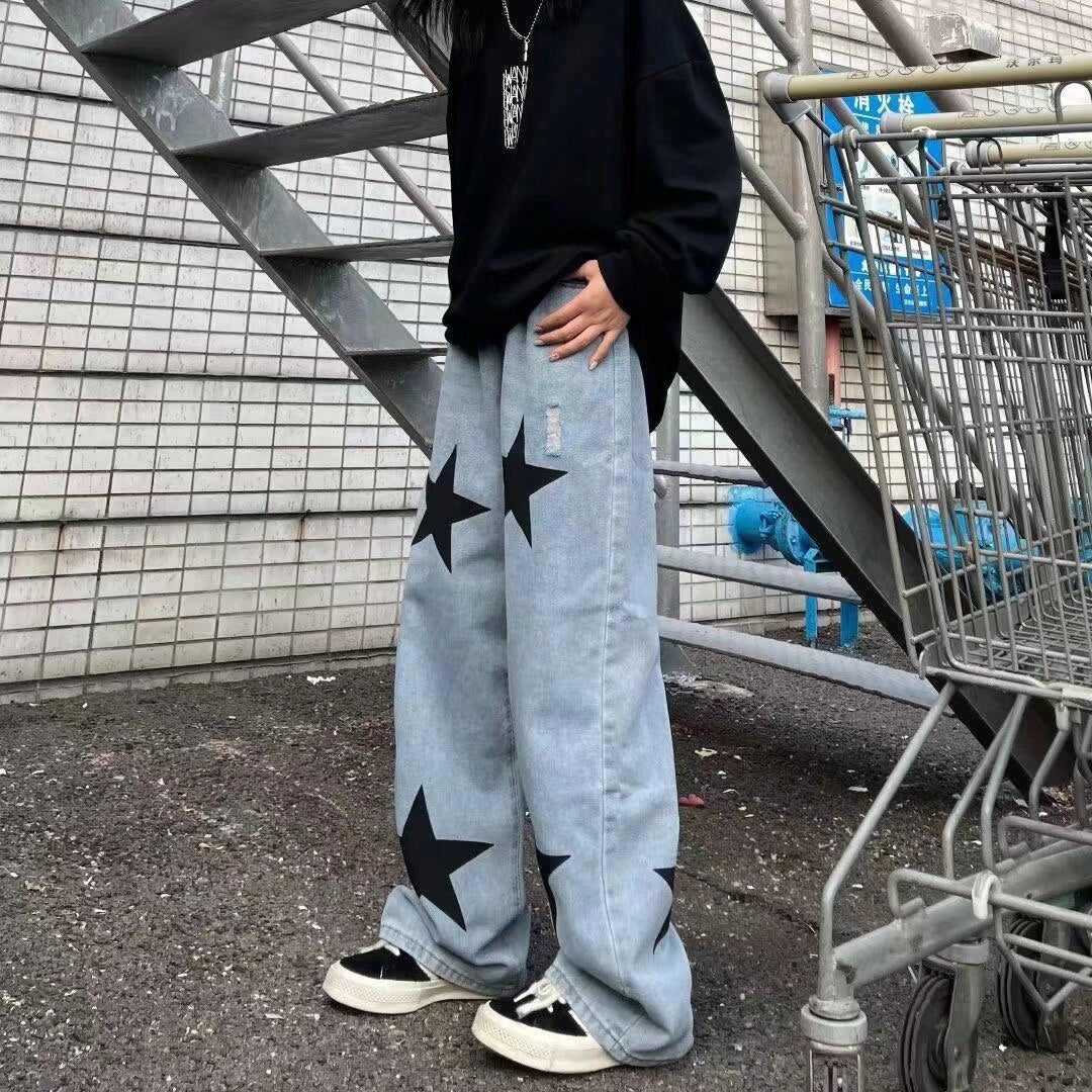 Bonsir Men's High Street Fashion Trend Loose Jeans Hip Hop Style Wide Leg Casual Pants Blue Color Oversized Trousers S-3XL