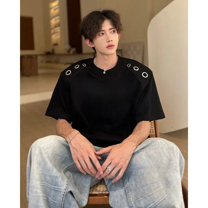 sanyamk  -  Summer Men's Fashion T-shirts Wide Shoulder Big Syelet Short Sleeve Tees Black Hip Hop High Street Oversized Clothing