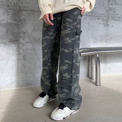 Bonsir Hip Hop Spliced Pockets Camouflage Autumn Casual Jeans Pants Men and Women Streetwear Baggy Straight Oversize Denim Trousers