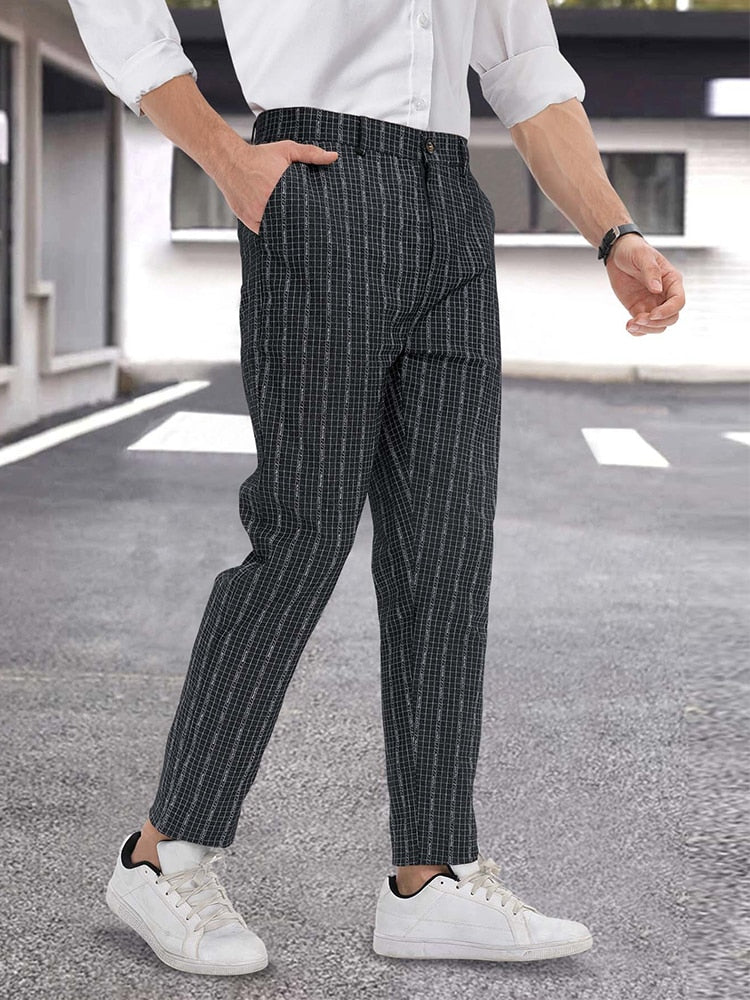 Bonsir Vintage Men Plaid Print Pants Autumn Casual Buttoned Mid Waist Straight Trousers Mens Fashion Striped Long Pant Male Streetwear