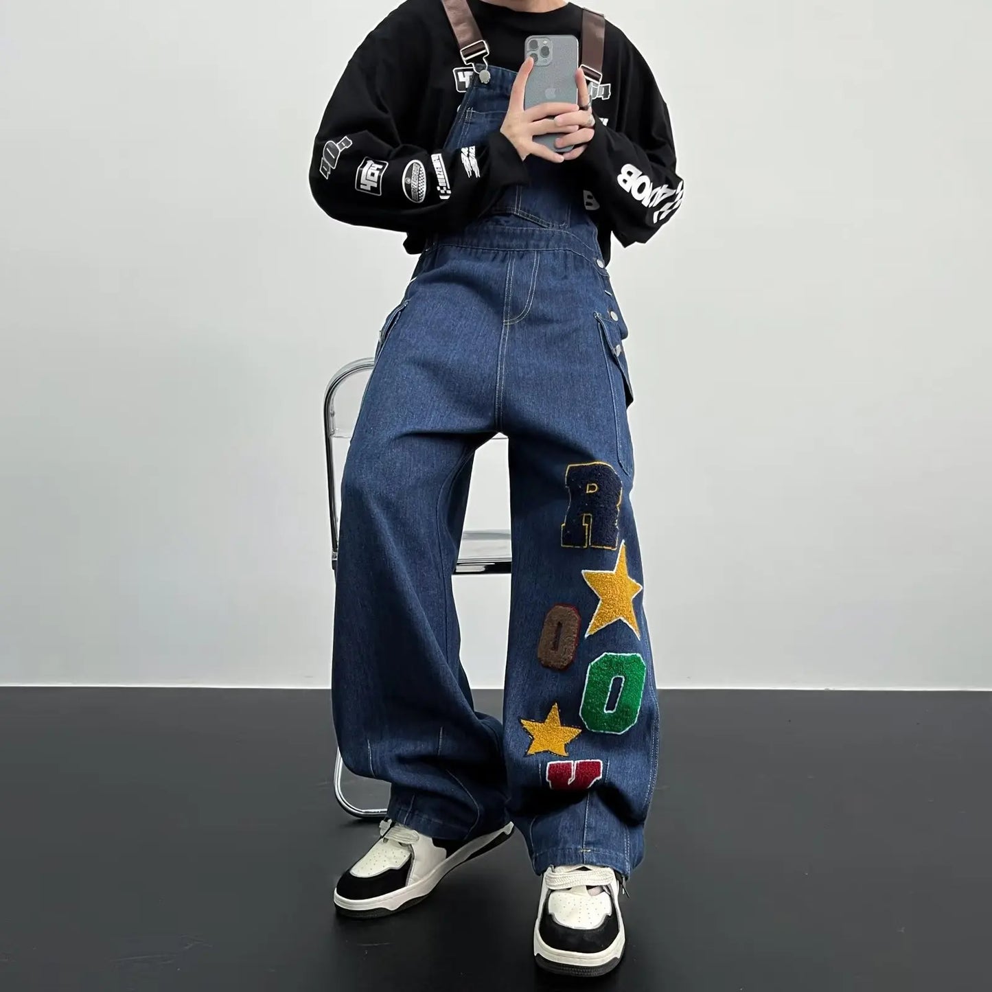 sanyamk Y2K Cargo Jeans Jumpsuit for Men Streetwear Hip Hop Punk Loose Denim Bodysuits Overalls Male Japanese Print Pocket Pants