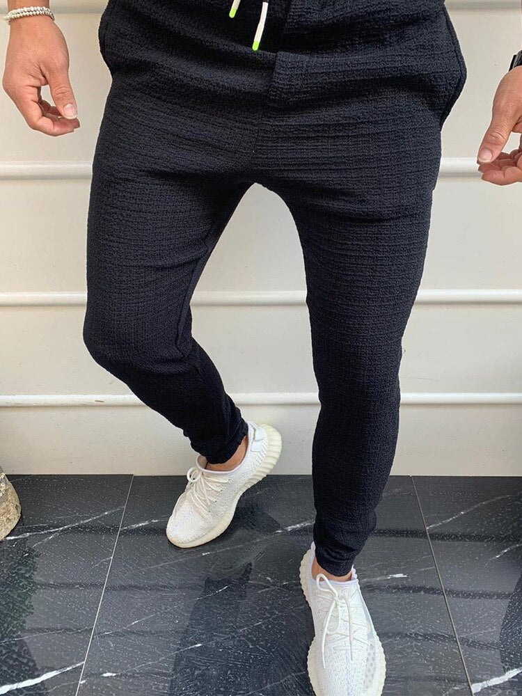 Bonsir Fashion Men Slim Trousers Spring Summer Solid Color Mens Tight Pencil Pants Casual Drawstring Tie-up Long Pants Man Streetwear