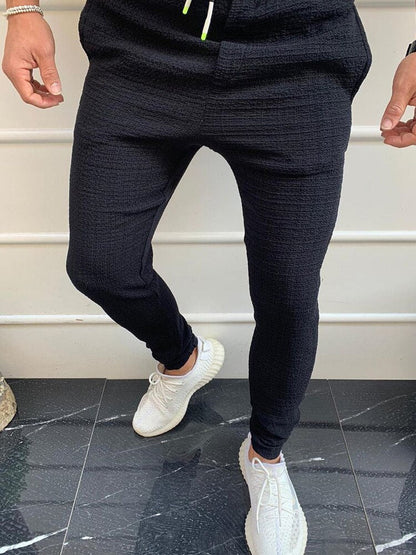 Bonsir Fashion Men Slim Trousers Spring Summer Solid Color Mens Tight Pencil Pants Casual Drawstring Tie-up Long Pants Man Streetwear