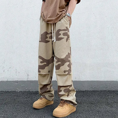 sanyamk American Trend Vintage Summer Casual Cargo Pants Men Print Elastic Waist Drawstring High Street Loose Straigh Wide Leg Trousers