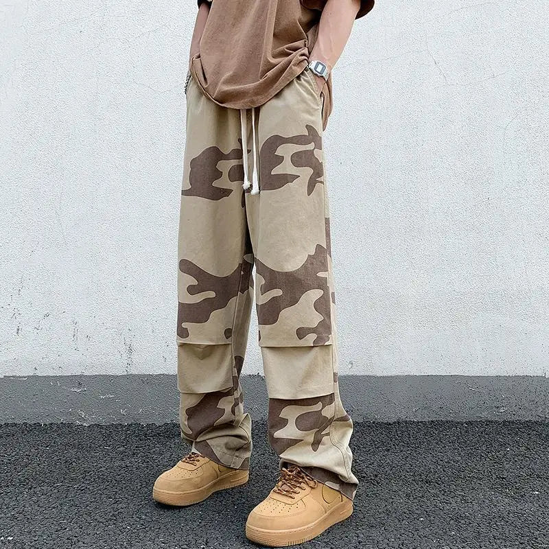 sanyamk American Trend Vintage Summer Casual Cargo Pants Men Print Elastic Waist Drawstring High Street Loose Straigh Wide Leg Trousers