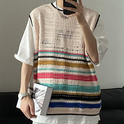 sanyamk New Trendy Mesh Tank Tops Men Stripe Vests Loose Knitted Hollow Out Top Male Casual Sleeveless O Neck Tee Y2k Streetwear Neutral