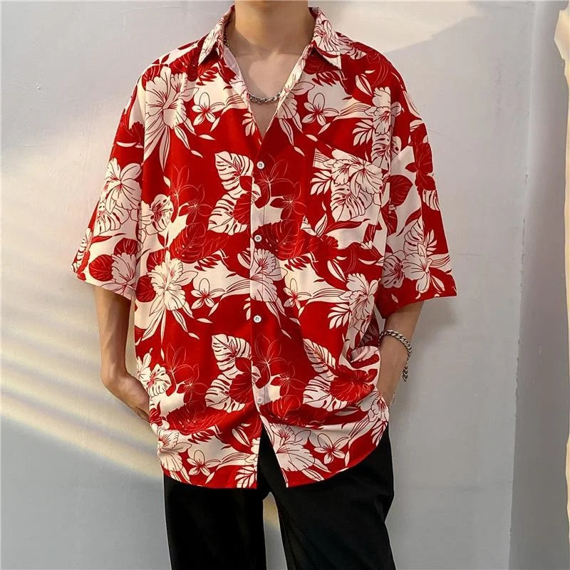 sanyamk Summer Printing Short Sleeve Shirt Men Fashion Society Mens Dress Shirt Korean Loose Ice Silk Shirts Mens Hawaiian Shirt