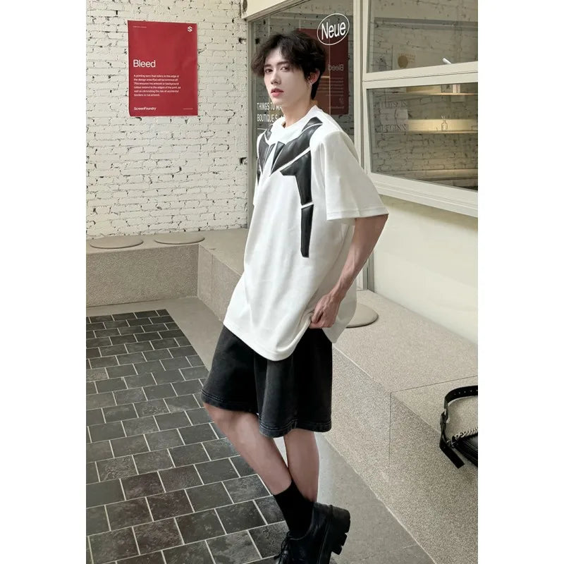 sanyamk  -  Summer Fashion Men T-shirts Black White Contrast PU Leather Patchwork Short Sleeve Tops Tees Hip Hop High Street Clothing