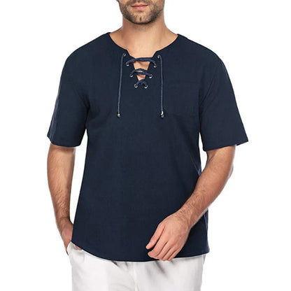 sanyamk  - Summer Daily Leisure Cotton Linen T Shirt Men Vintage Drawstring V Neck T-shirts Casual Solid Color Short Sleeve Mens Pullovers