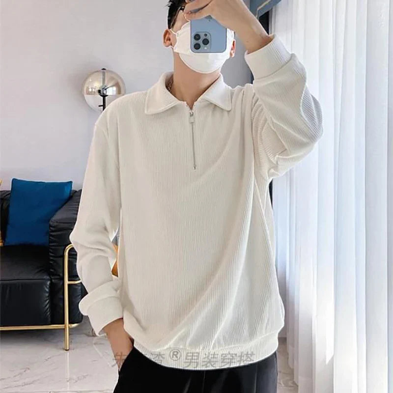 sanyamk Fall Winter Zipper Long Sleeve Men Polo Sweatshirts Casual Fashion Harajuku Oversized Pullovers Punk Streetwear Black White Gray