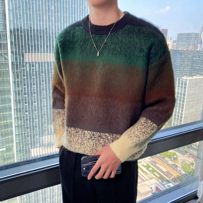 Bonsir Autumn Winter Fashion Mens Sweaters Velvet Thick Long Sleeve Knit Jumper Gradient Colors Striped Patckwork Sweater Pullovers Man