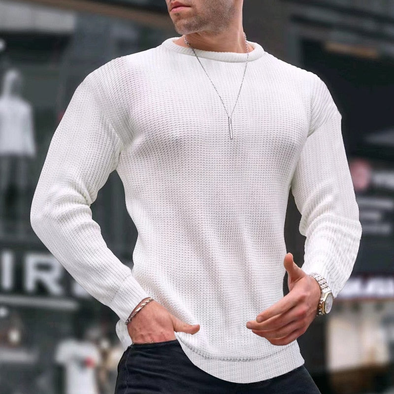 Bonsir Autumn Winter Mens Sweaters Casual Slim Fit Long Sleeve Crew Neck Knitting Tops For Men Fashion Solid Color Basic Knit Sweater