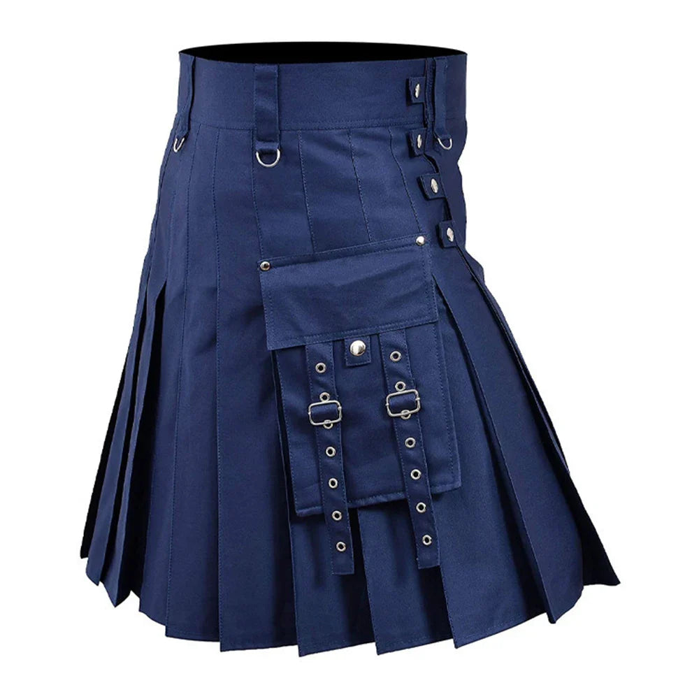 sanyamk Mens Pocket Bottom Scottish Casual Skirt 2024 New Genderless Fashion Youth Medieval Retro Simple Steampunk Contrast Color Skirt Unisex