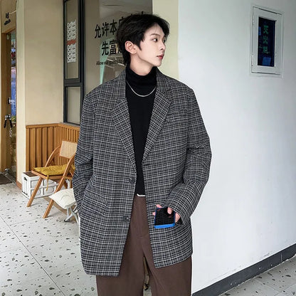 sanyamk  -  Fashion Oversize Plaid Blazer Jacket Men Japanese Style Clothing Vintage Casual Loose Grid Suit Coat Hip Hop Streetwear Khaki