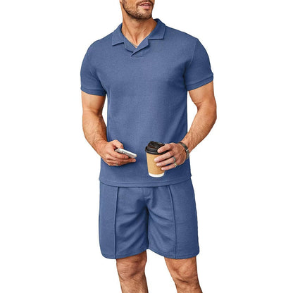 sanyamk Leisure Solid Color Ribbed Two Piece Sets Men Fashion Short Sleeve Lapel Polo Shirts And Shorts Suits For Men's Summer Clothing