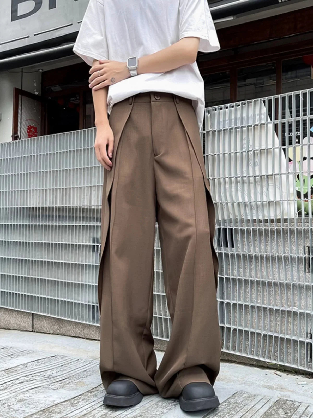 sanyamk Deconstructed Spliced Casual Suit Pants Men Vibe American Trend Loose Leg Pants Summer Design Draping Slightly Flared Pants