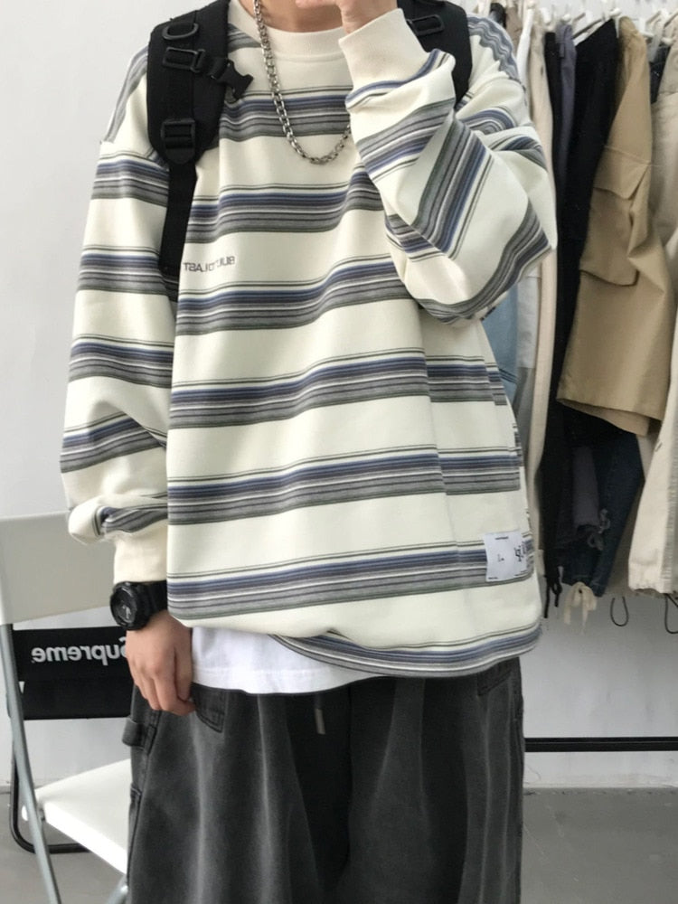 Bonsir Japanese Casual Harajuku Striped Long Sleeve T-Shirt  Men's  Loose Plus Size Simple All-match Clothes Hip Hop Couple Streetwear