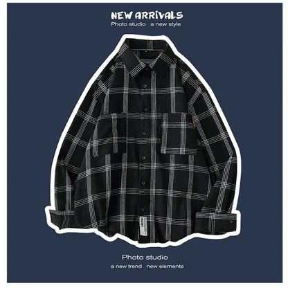 sanyamk New Men's Clothing Shirt Long Sleeve Square Collar Spring Autumn Loose Fashion Casual Plaid All-match Button Tops