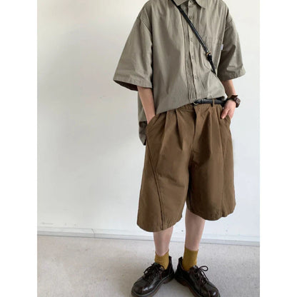 sanyamk 2024 Summer College Casual Set Mens New Simplicity Solid Short Sleeved Shirt+Wide Leg Shorts Suit Japanese Harajuku 2-pcs