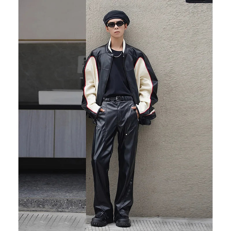 sanyamk  -  Autumn Winter Men's Leather Motorcycle Pants Black Punk PU Pants Men Women Straight Mopping Trousers Streetwear Waterproof