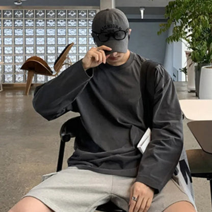 sanyamk  -  Solid Color Men's Tees Round Collae Long Sleeve Casual Menwear Pullover Korean Style Male T-shirts Simple New Autumn 9C7799