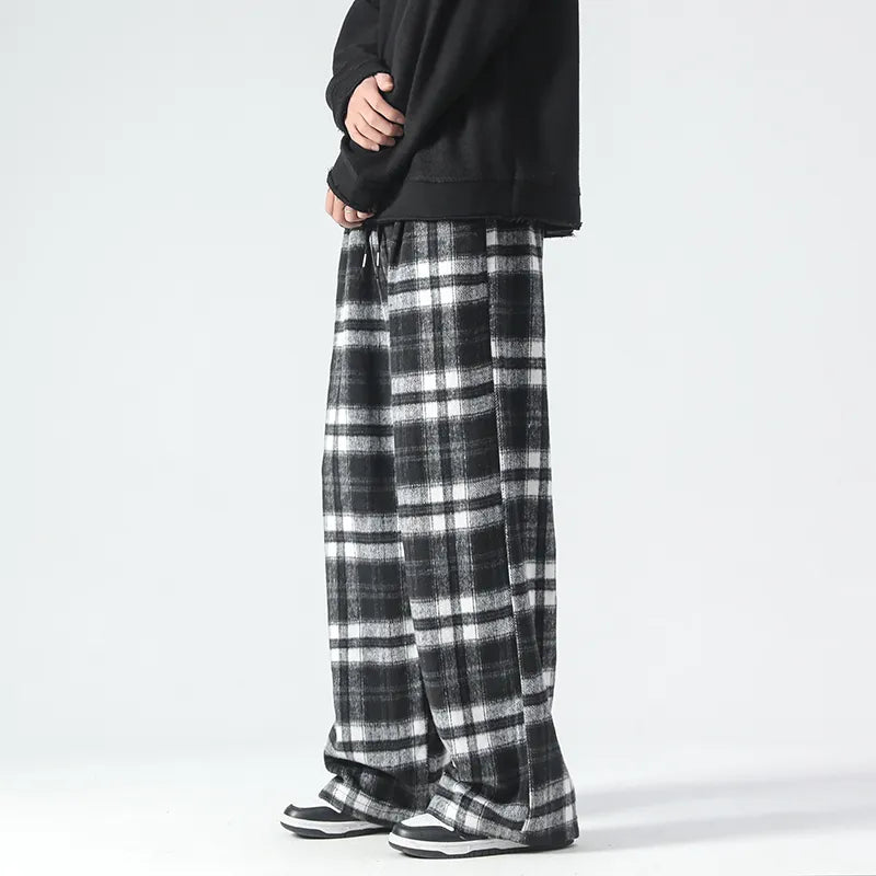 Bonsir Black White Plaid Velvet Joggers Pants Men Streetwear Oversized Pants Hop Hop Elastic Wasit Man Straight Trousers