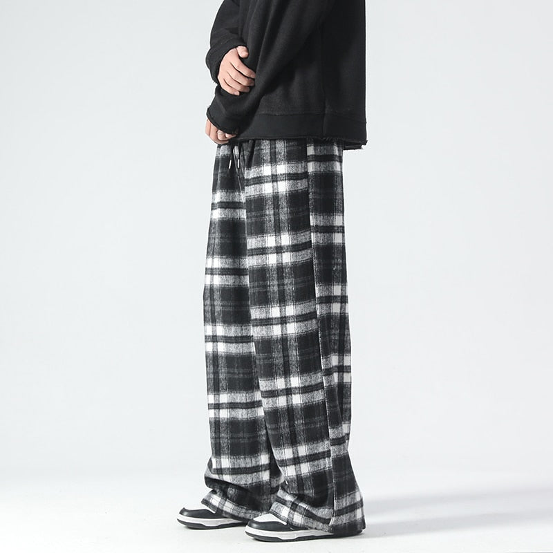 Bonsir Black White Plaid Velvet Joggers Pants Men Streetwear Oversized Pants  Hop Hop Elastic Wasit Man Straight Trousers