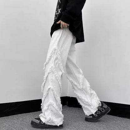 sanyamk Gothic Style Factory Tassels Versatile Slim Edge Washed Denim Casual Flare Men Pants Darkwear Solid Color Male Trousers
