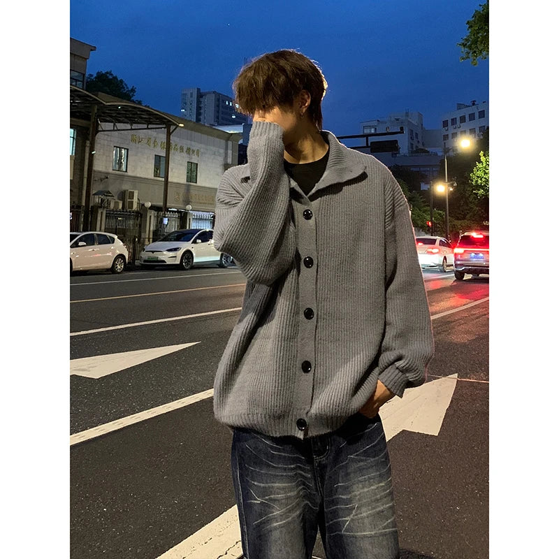 sanyamk Solid Cardigan Sweater Men Korean Lazy Leisure Knitted Sweaters Hip Hop Streetwear Loose Simple Knitwear Coat Male Clothes