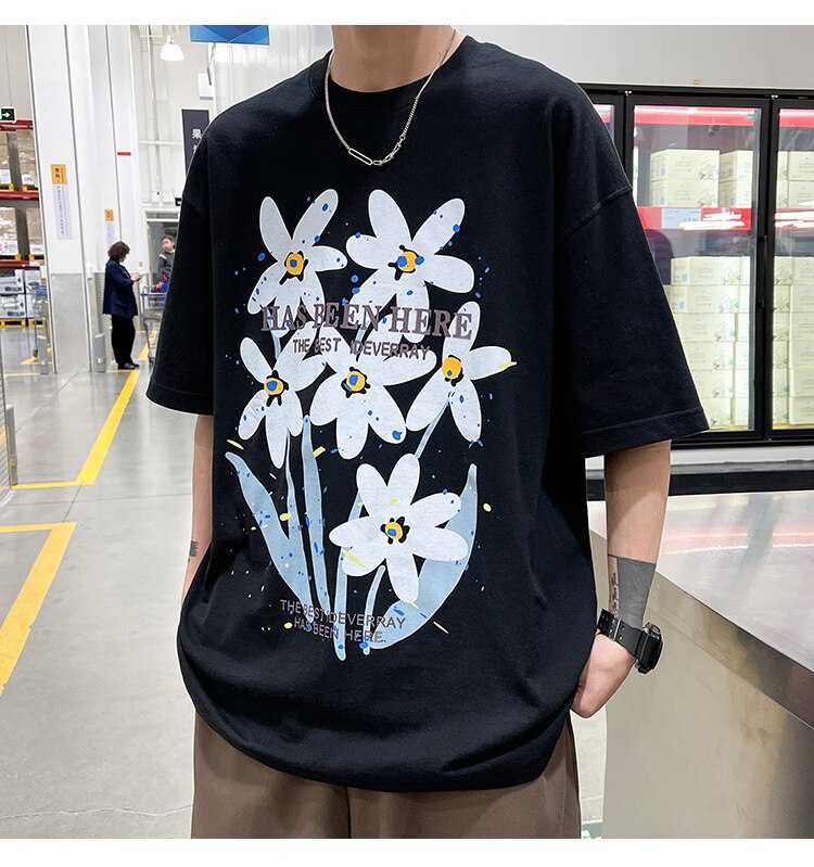 Bonsir Letter Flowers Print Summer Men Clothing Fashion Casual Harajuku Short Sleeve Tshirt XL 2XL Oversized Teenagers Streetwear