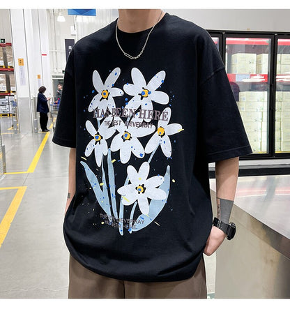 Bonsir Letter Flowers Print Summer Men Clothing Fashion Casual Harajuku Short Sleeve Tshirt XL 2XL Oversized Teenagers Streetwear