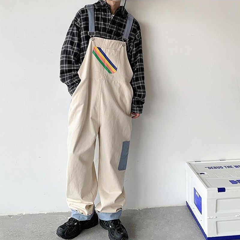 sanyamk Men Suspenders Jumpsuits Oversized Rainbow Printing Overalls Summer Straight Casual Pants Vintage Splicing Trousers Male Clothes